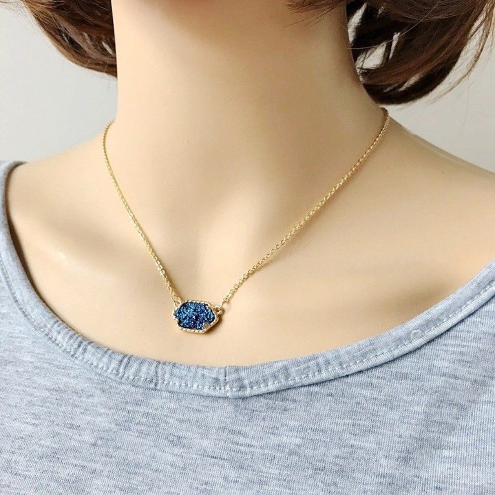 Womens Necklace Drusy Stone Navy Blue Gold Pendant